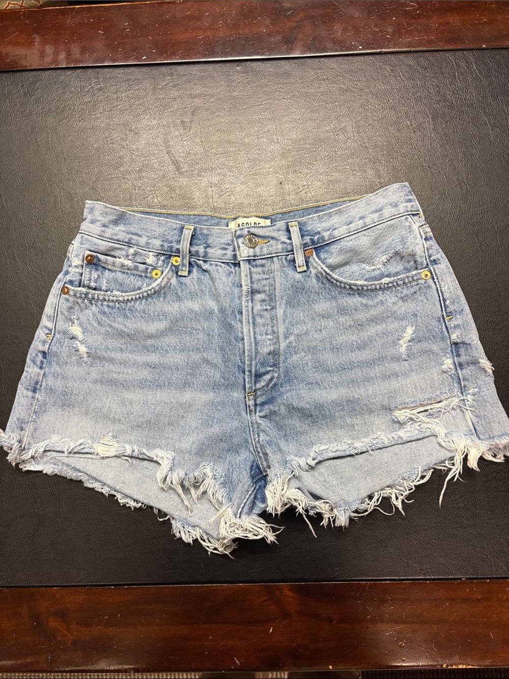Agolde Light Wash Distressed Denim Shorts Parker style